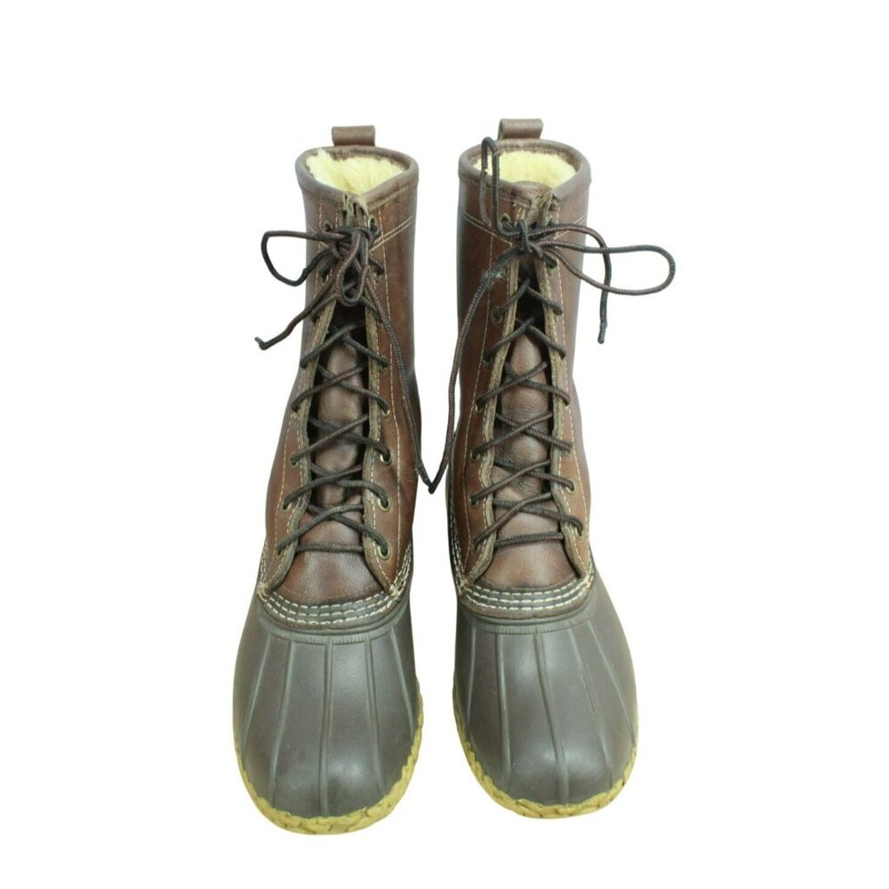 LL Bean Brown Leather Lace Up Insulated Shearling Lined Mid Calf Duck Boots 8 M - Picture 5 of 10